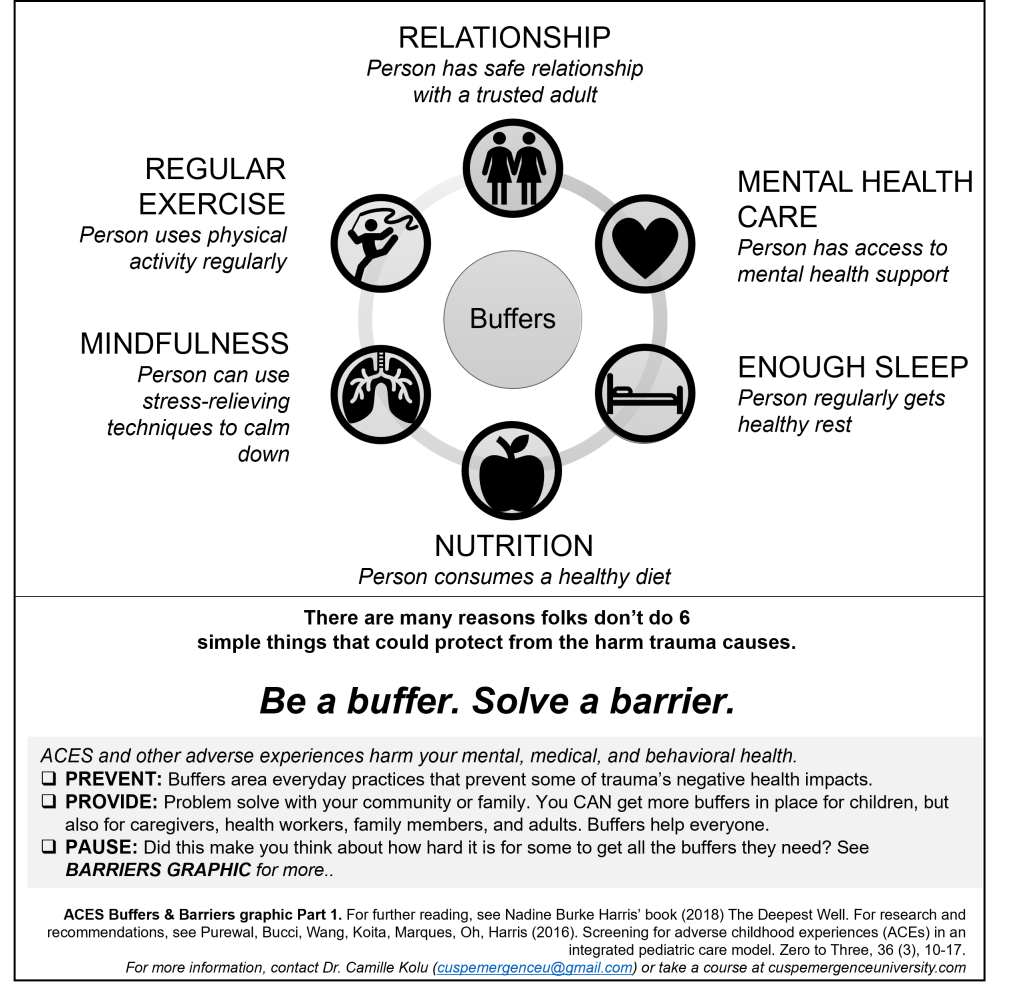 Image shows 6 buffer areas with an icon for each, including a lungs icon for mindfulness, an apple icon for nutrition, a bed icon for getting enough sleep, a heart for mental health care, two adults for having a safe relationship, and a picture of a person exercising. The text says "Be a buffer. Solve a barrier". 